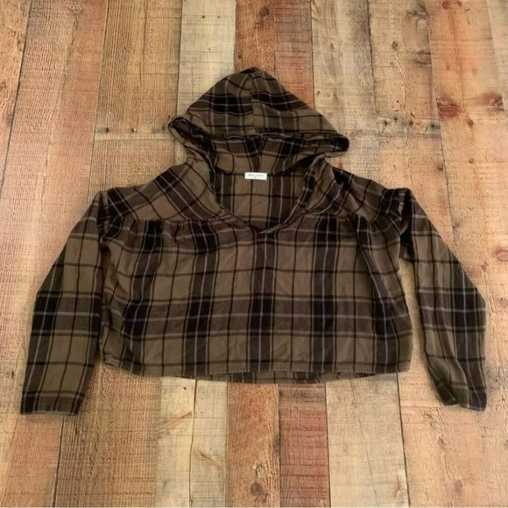 Soul cake womens size medium cropped brown and tan plaid long sleeve hooded top